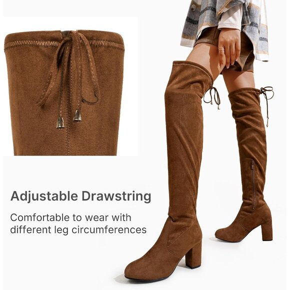 Women's Brown Suede Chunky Heels Zipper Over The Knee High Adjustable Boots - Picture 5 of 9